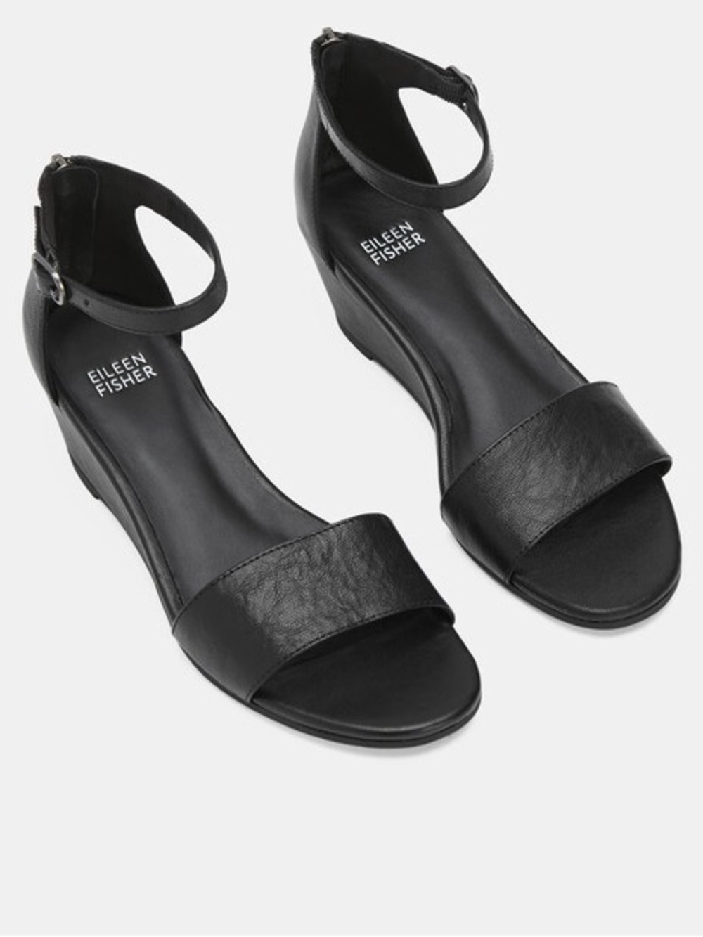 EILEEN FISHER 10 NEW Mara Tumbled Leather Wedge Sandals in Black • NWOT